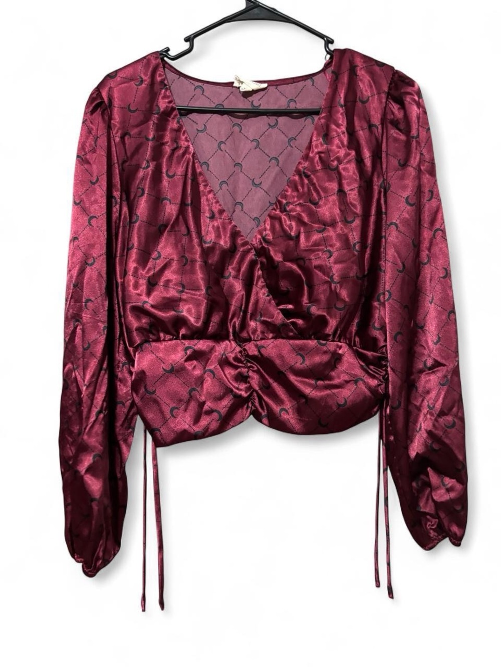 Women's Satin Burgundy Wrap Top with Subtle Print